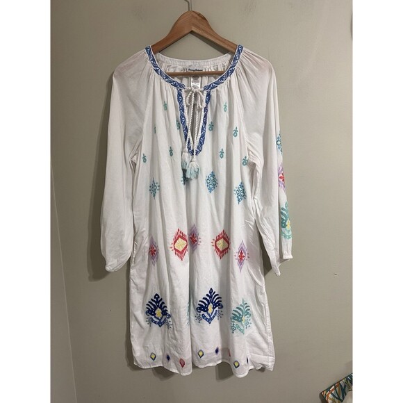 TOMMY BAHAMA Watercolor Tasseled Embroidered Ikat Split Neck Tunic Cover-up L - Picture 4 of 9